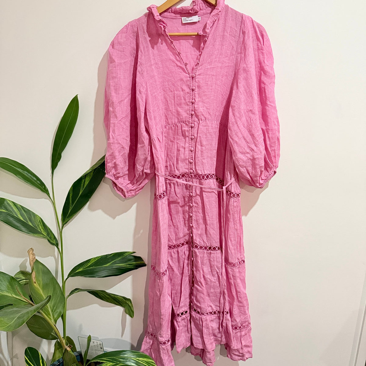 Zoe Kratzmann Pink Ramie Puff Sleeve Tiered Maxi Dress Size 0 | U/Arm to U/Arm 46cm