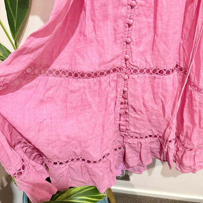 Zoe Kratzmann Pink Ramie Puff Sleeve Tiered Maxi Dress Size 0 | U/Arm to U/Arm 46cm