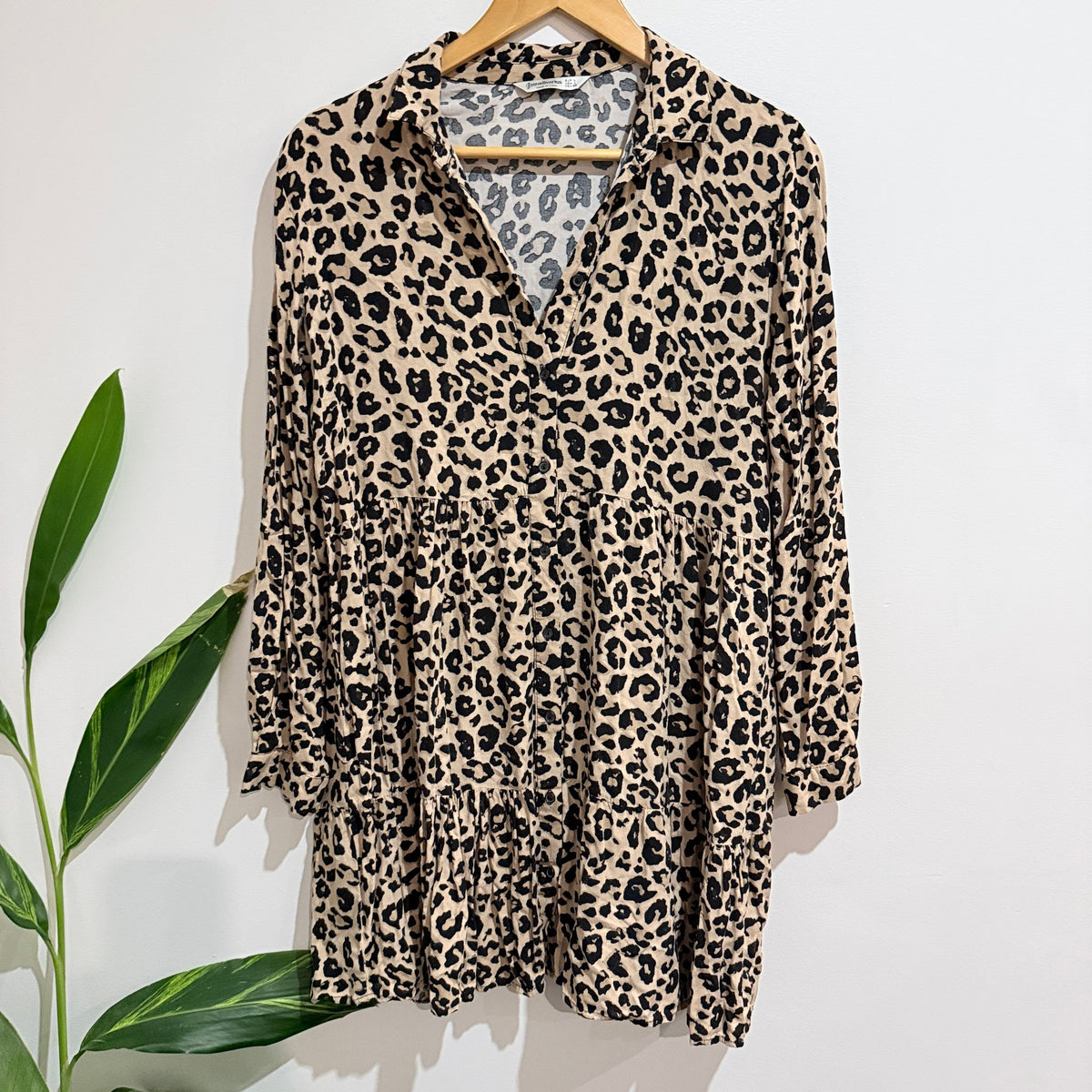 Stradivarius Leopard Print Tiered Shirt Dress Size L