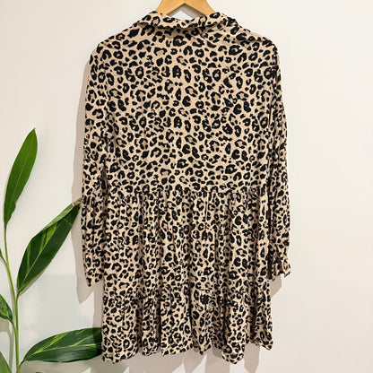 Stradivarius Leopard Print Tiered Shirt Dress Size L