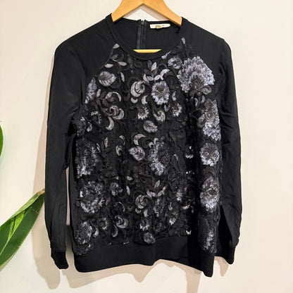 Juliette Hogan Black Sequin Lace Front Silk Top Size 10