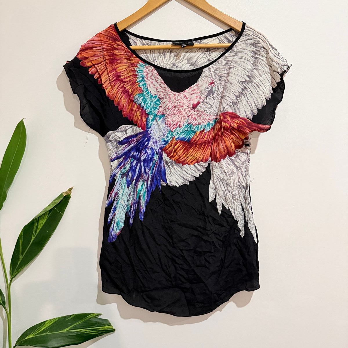 Warehouse Black Silk Wing Print Top Size UK 8