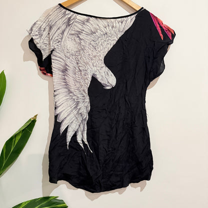 Warehouse Black Silk Wing Print Top Size UK 8