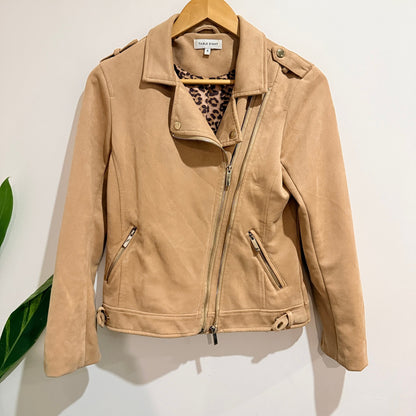 Table Eight Camel Faux Suede Biker Jacket with Leopard Lining Size 8