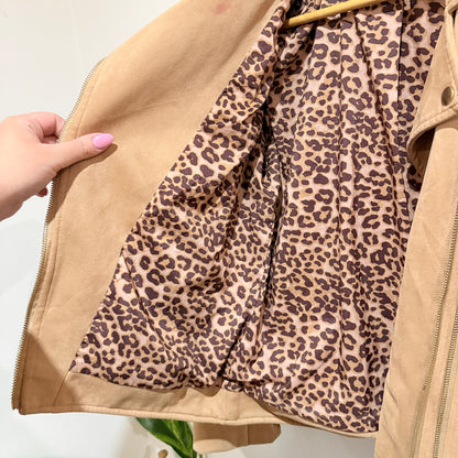 Table Eight Camel Faux Suede Biker Jacket with Leopard Lining Size 8