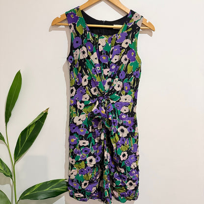 Alannah Hill Purple & Green Floral Silk Ruched Front Dress Size 8