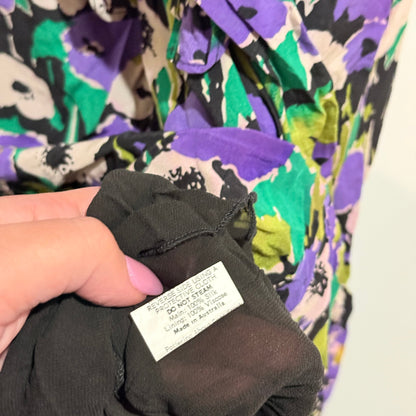 Alannah Hill Purple & Green Floral Silk Ruched Front Dress Size 8