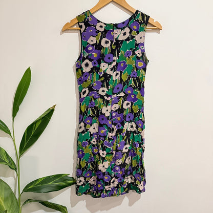Alannah Hill Purple & Green Floral Silk Ruched Front Dress Size 8
