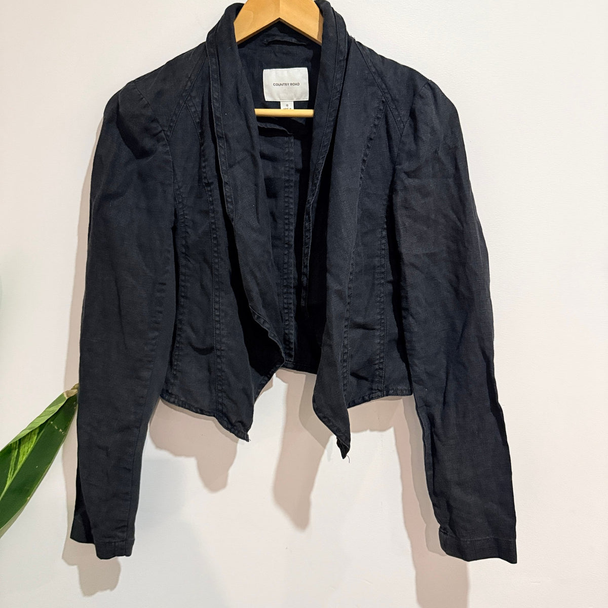 Country Road Black Linen Waterfall Cropped Jacket Size 10
