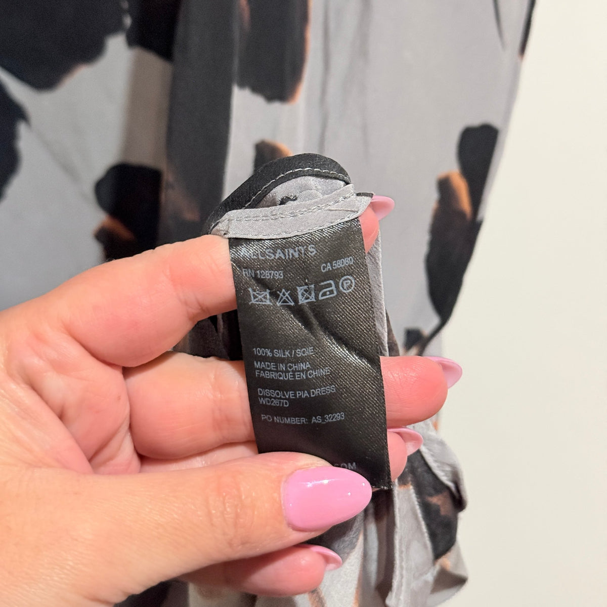 AllSaints Grey Floral Silk Dissolve Pia Asymmetric Dress Size UK 12