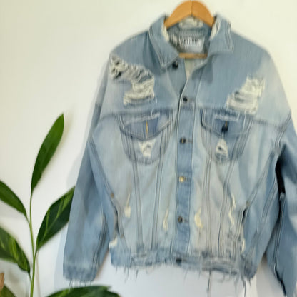 Sampson & Taylor Light Wash Distressed Oversized Denim Jacket Size M (marked)