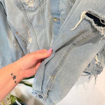 Sampson & Taylor Light Wash Distressed Oversized Denim Jacket Size M (marked)