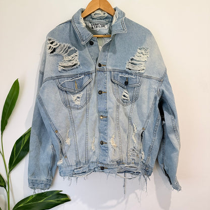 Sampson & Taylor Light Wash Distressed Oversized Denim Jacket Size M (marked)