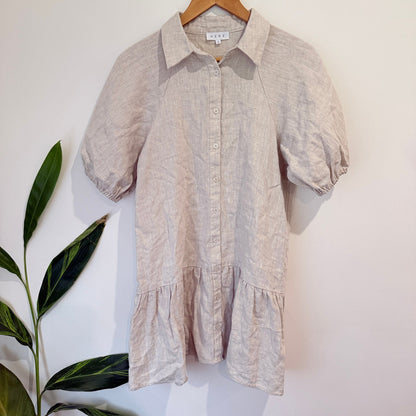 Aere Oatmeal Linen Puff Sleeve Shirt Dress Size 8