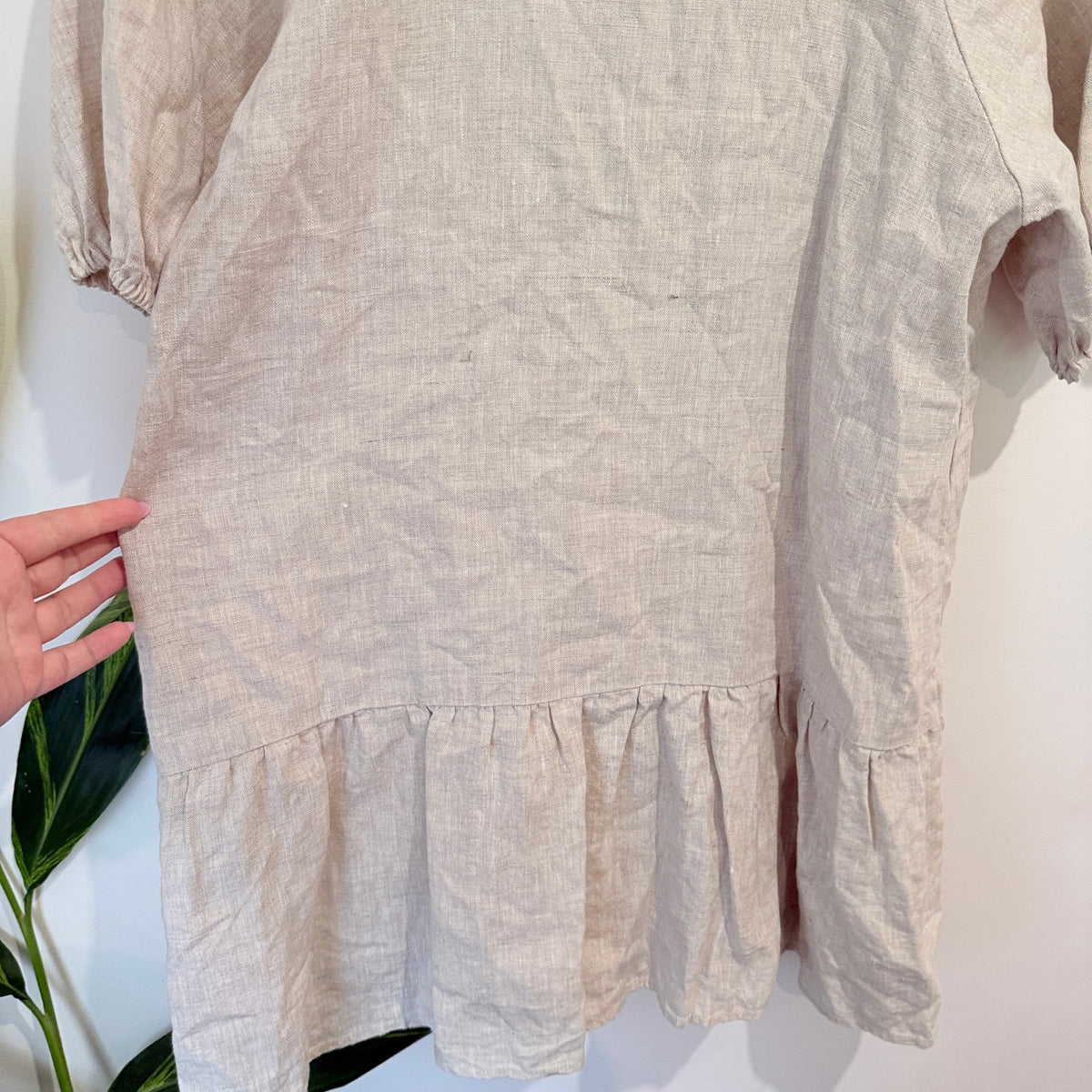 Aere Oatmeal Linen Puff Sleeve Shirt Dress Size 8