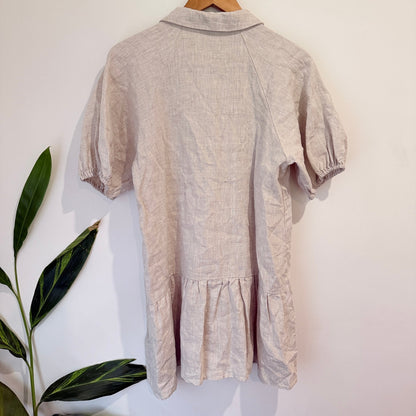 Aere Oatmeal Linen Puff Sleeve Shirt Dress Size 8
