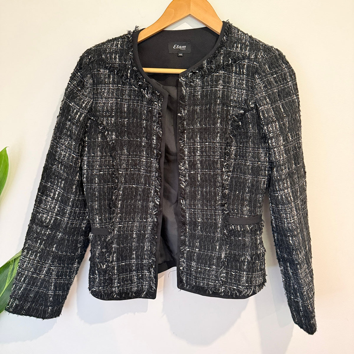 Etam Paris Black Tweed Fringe Trim Jacket Size 40 | U/Arm to U/Arm 44cm