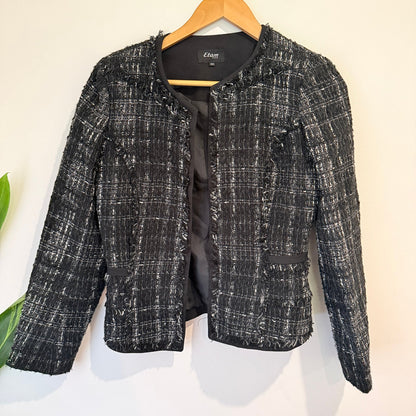 Etam Paris Black Tweed Fringe Trim Jacket Size 40 | U/Arm to U/Arm 44cm