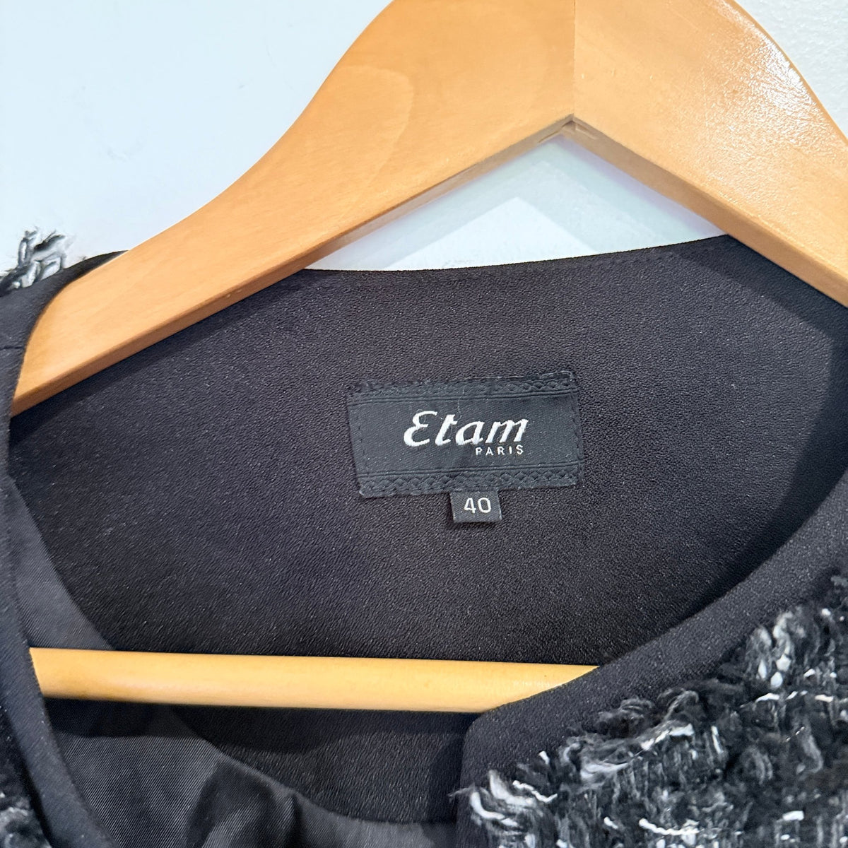 Etam Paris Black Tweed Fringe Trim Jacket Size 40 | U/Arm to U/Arm 44cm