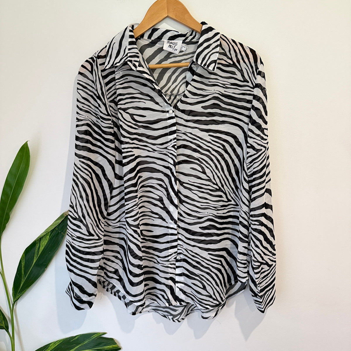 Princess Polly Zebra Print Sheer Button Up Shirt Size 12