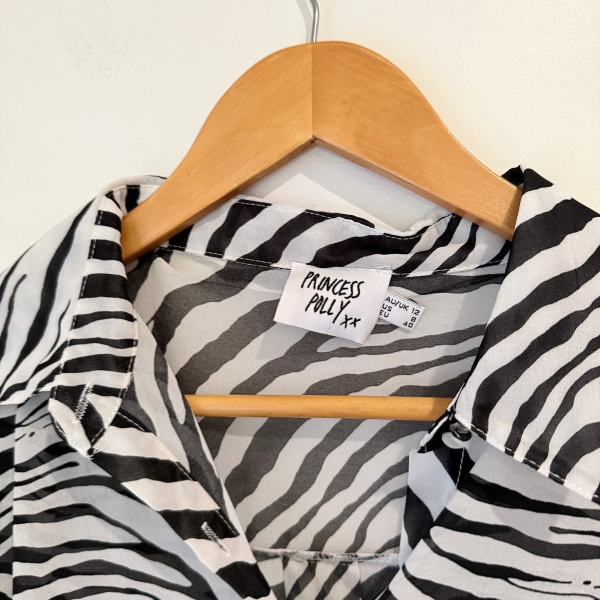 Princess Polly Zebra Print Sheer Button Up Shirt Size 12