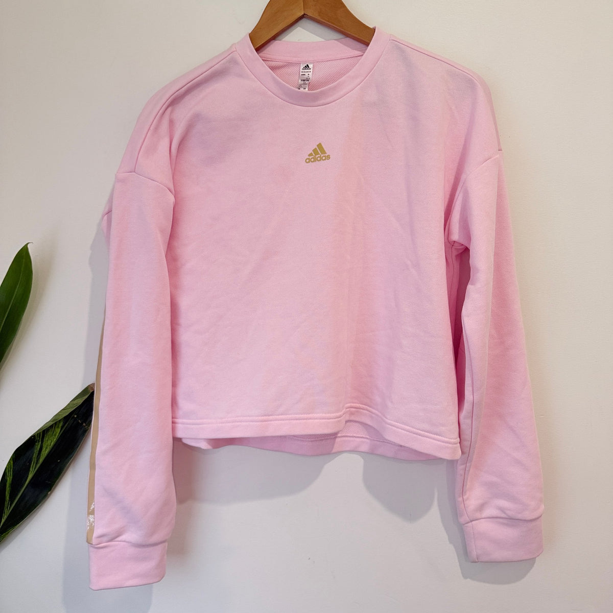 Adidas Pink Cropped Sweatshirt with Gold Stripes Size M