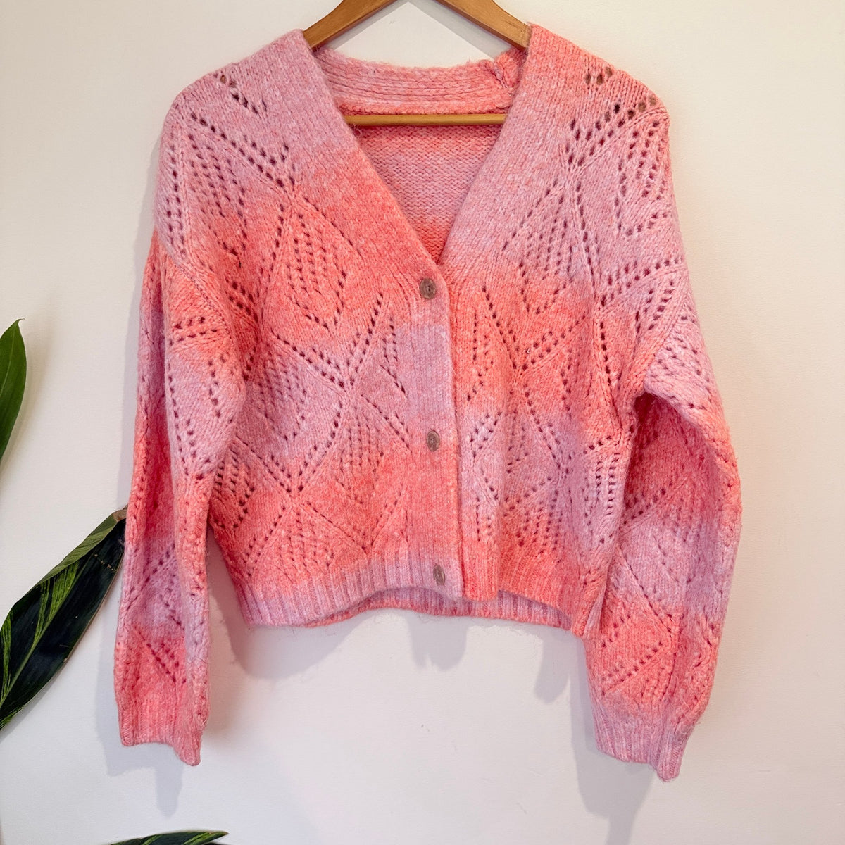 Pink & Coral Space Dye Pointelle Knit Cardigan Size U/Arm to U/Arm 52cm