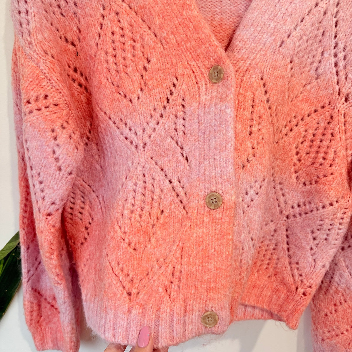 Pink & Coral Space Dye Pointelle Knit Cardigan Size U/Arm to U/Arm 52cm