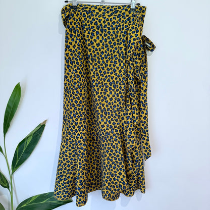 Federation Mustard Leopard Print Ruffle Hem Wrap Skirt Size M