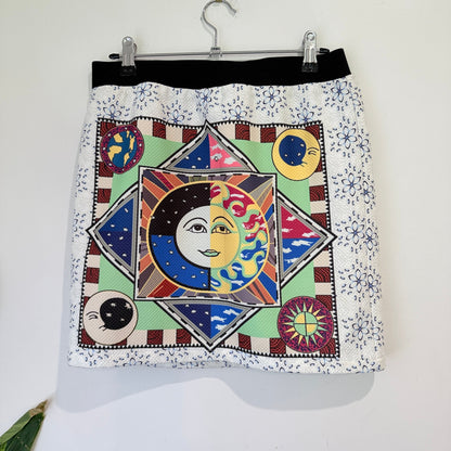 White Sun & Moon Print Textured Mini Skirt - 74cm waist