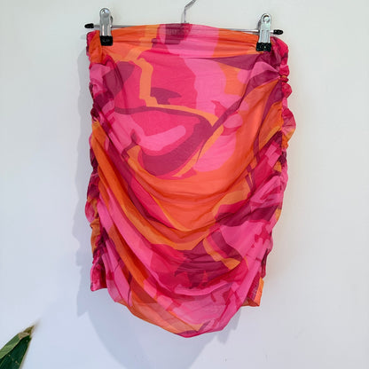 Princess Polly Pink & Orange Print Ruched Mesh Mini Skirt Size 10