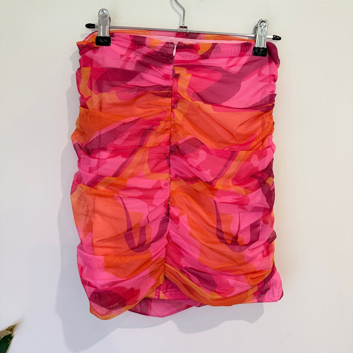 Princess Polly Pink & Orange Print Ruched Mesh Mini Skirt Size 10