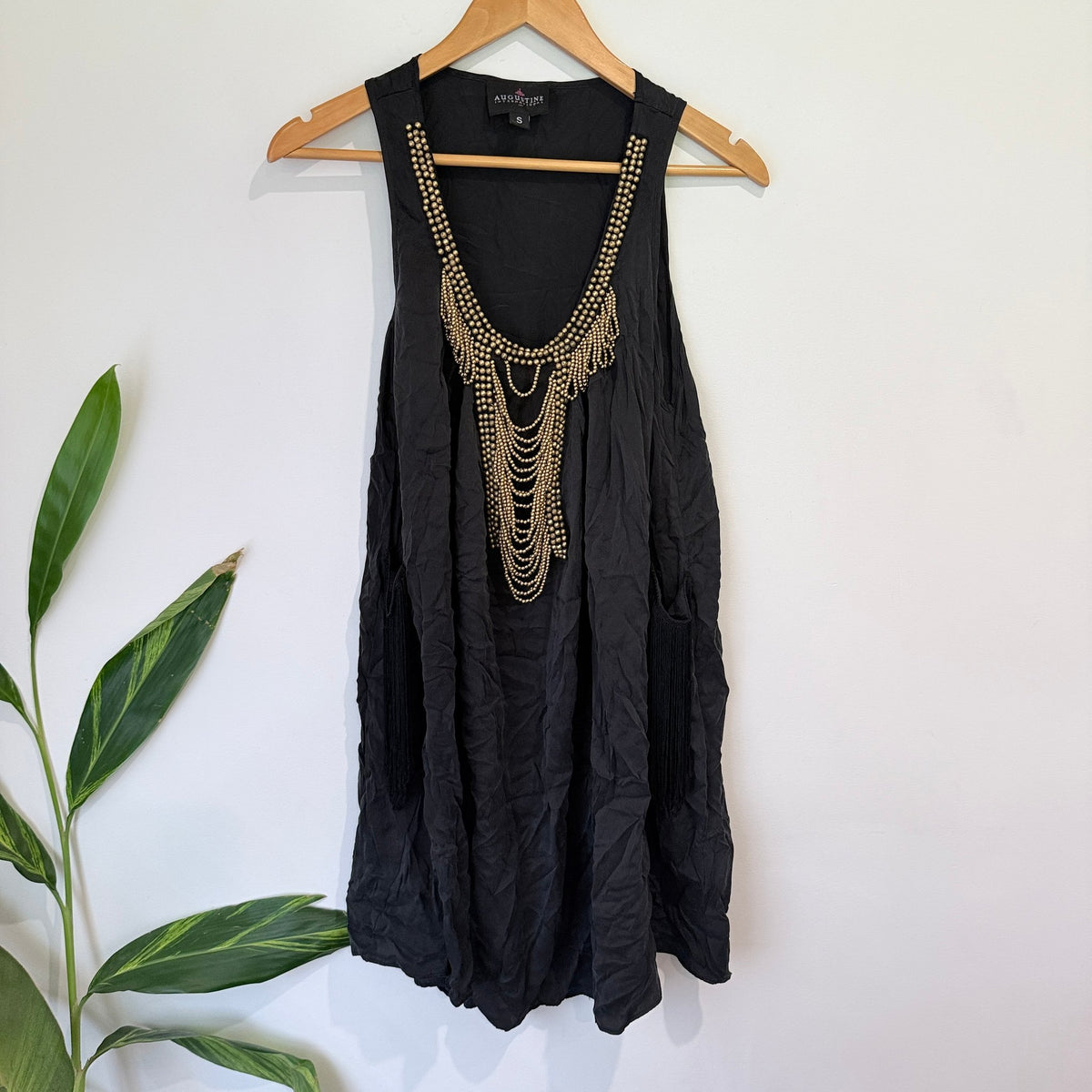 Augustine Black Silk Beaded Fringe Shift Dress Size S