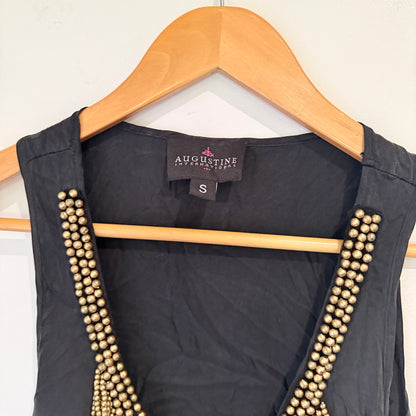 Augustine Black Silk Beaded Fringe Shift Dress Size S