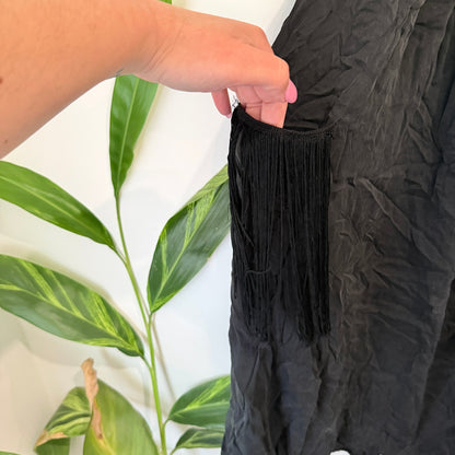 Augustine Black Silk Beaded Fringe Shift Dress Size S