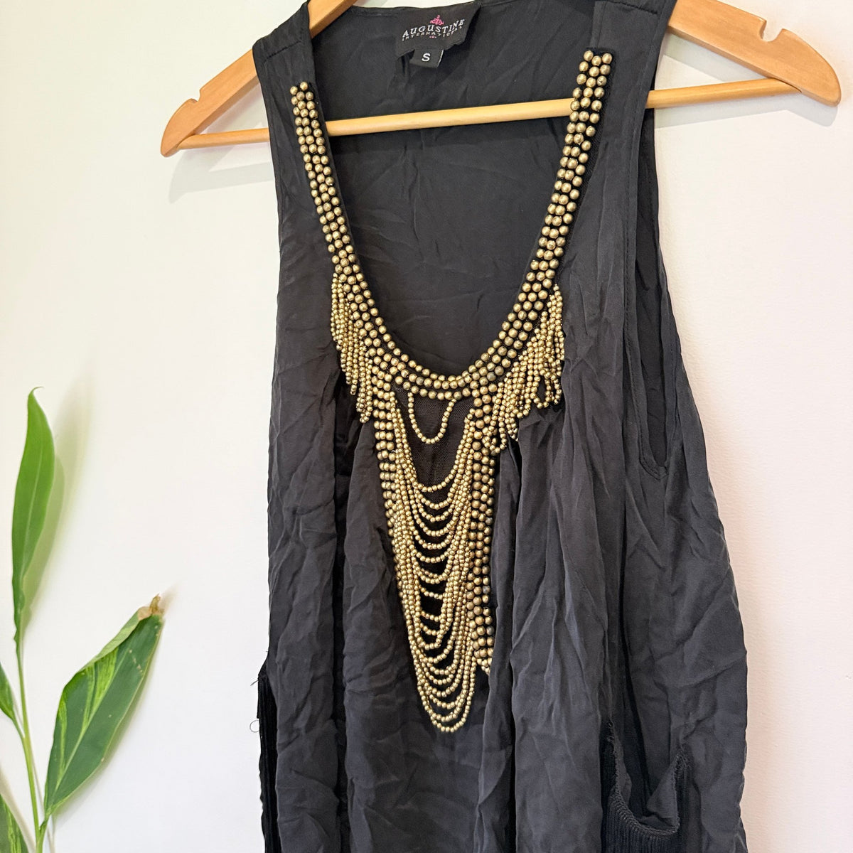 Augustine Black Silk Beaded Fringe Shift Dress Size S