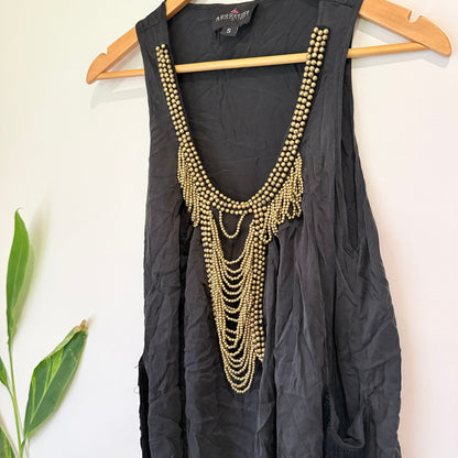 Augustine Black Silk Beaded Fringe Shift Dress Size S