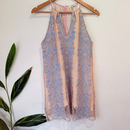 Ava Peach & Blue Lace Halter Shift Dress Size 10