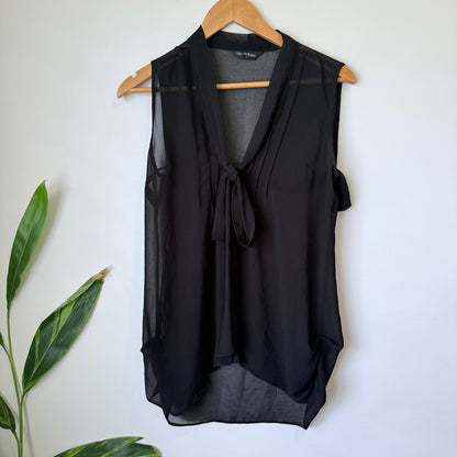 Miss Selfridge Black Sheer Tie Neck Sleeveless Blouse Size 10
