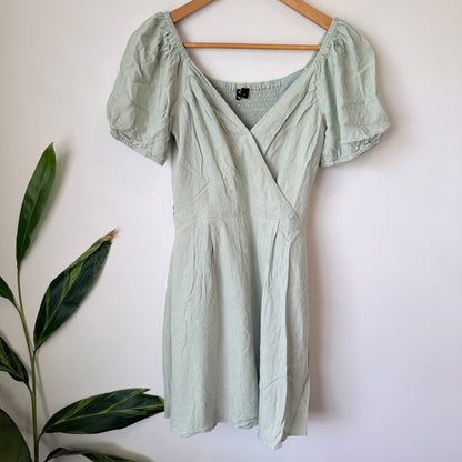 Dotti Sage Green Linen Blend Puff Sleeve Wrap Dress Size 8