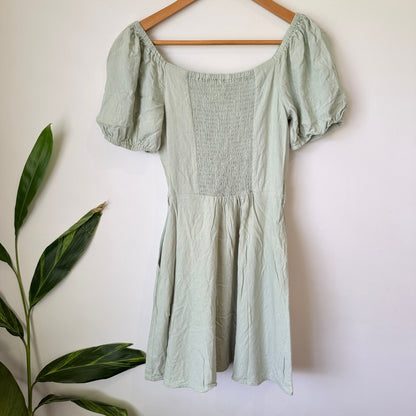 Dotti Sage Green Linen Blend Puff Sleeve Wrap Dress Size 8