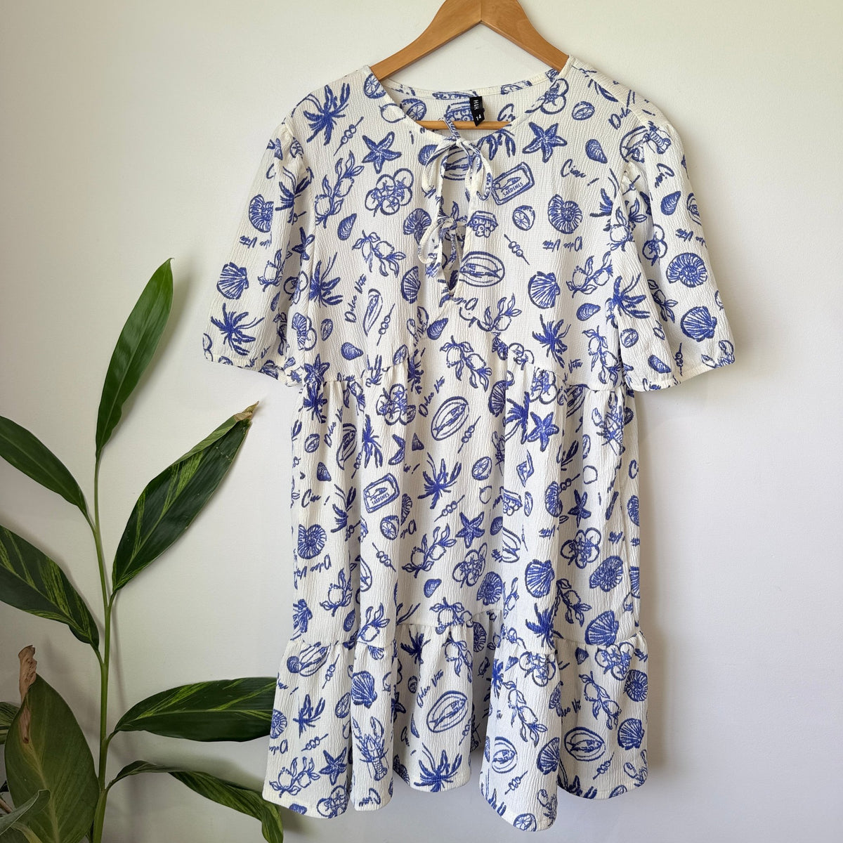 H&H Cream & Blue Seaside Print Tiered Dress Size 14