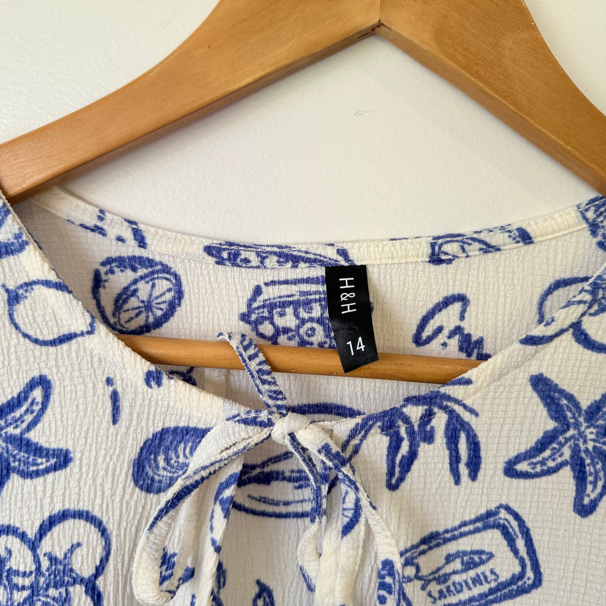 H&H Cream & Blue Seaside Print Tiered Dress Size 14