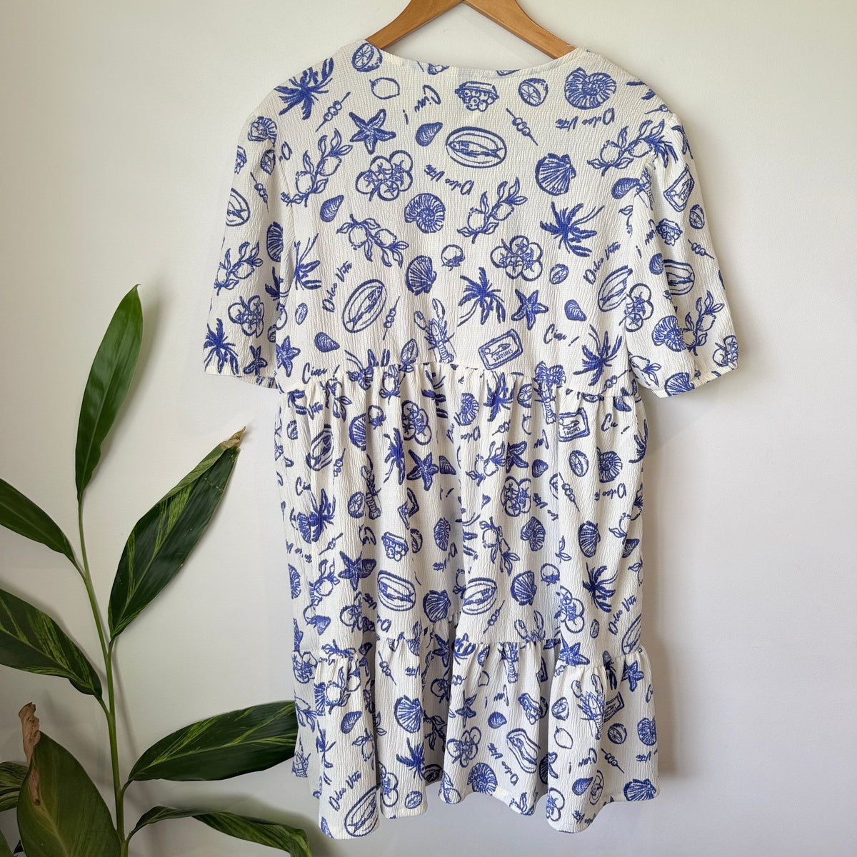 H&H Cream & Blue Seaside Print Tiered Dress Size 14