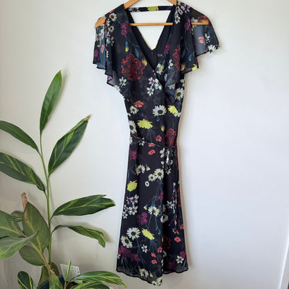 Portmans Black Floral Flutter Sleeve Wrap Midi Dress Size 6