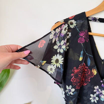 Portmans Black Floral Flutter Sleeve Wrap Midi Dress Size 6