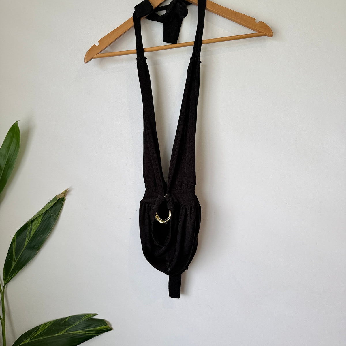 SHEIN Black Halter Plunge Top with Gold Ring Size XS