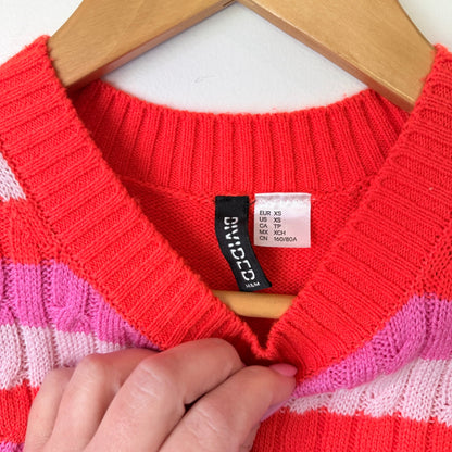H&M Divided Red & Pink Stripe Cable Knit Crop Vest Size XS