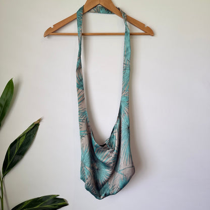 Witchery Teal Palm Print Satin Slouch Shoulder Bag