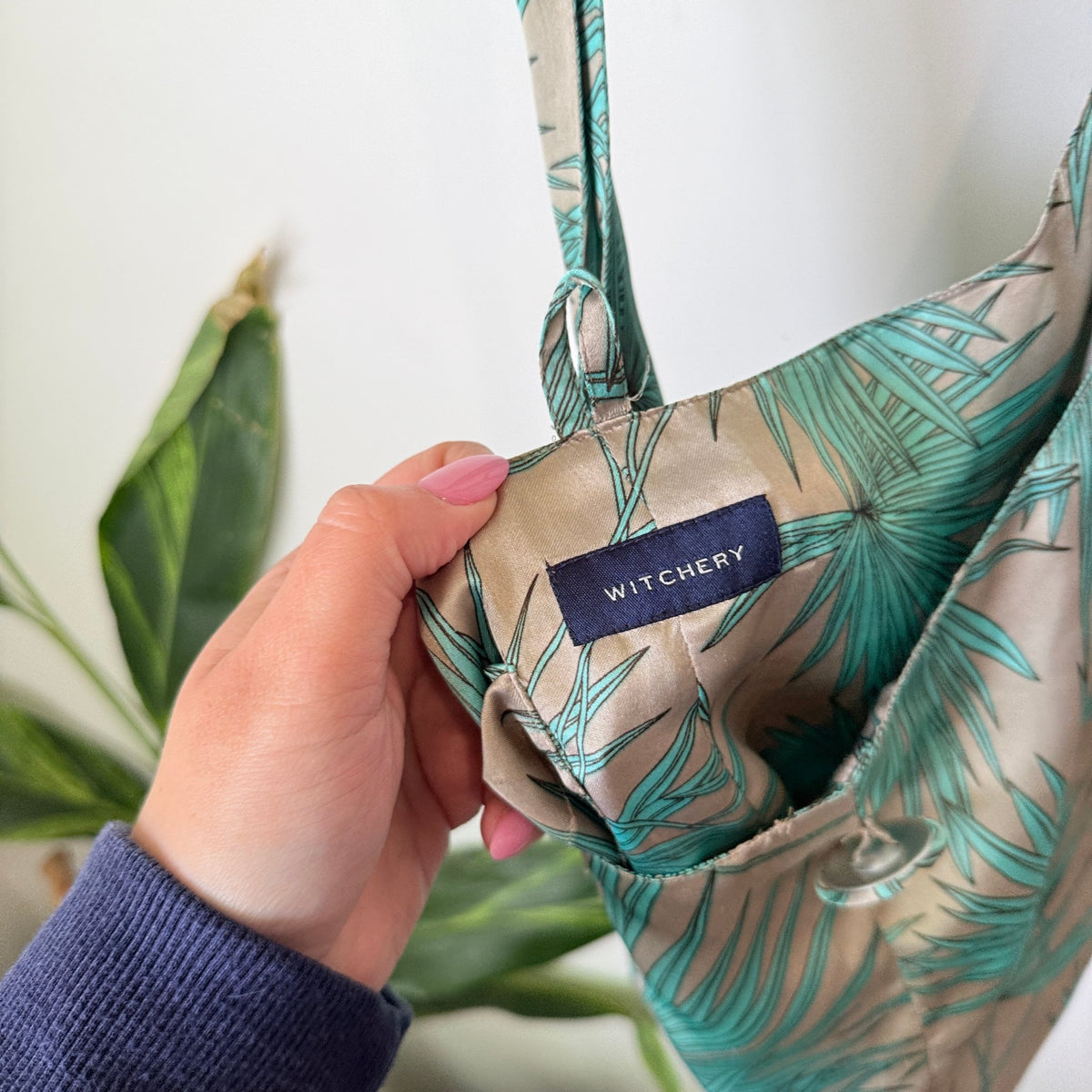 Witchery Teal Palm Print Satin Slouch Shoulder Bag